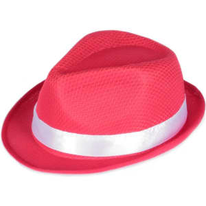 A pink mesh kids' hat with a white ribbon band, featuring a classic fedora shape.