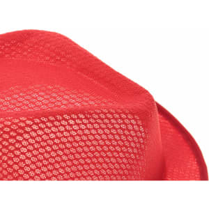 A red kids' hat featuring a textured mesh design and a branded logo.