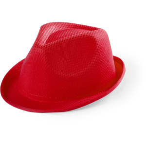 A red fedora hat with a textured pattern and a narrow brim. Features a branding logo.