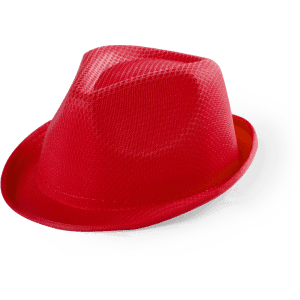 A vibrant red fedora hat with a textured design and a branded logo.