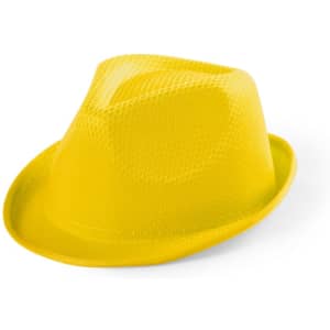 A bright yellow kids' hat with a fedora style and textured design. It has a simple logo.