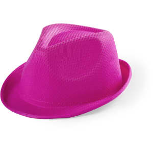 A pink kids' fedora hat made of textured material, featuring a sleek design and a branded logo.