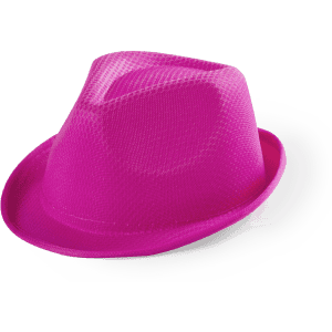 A pink mesh hat with a wide brim and a structured shape, featuring a branded logo.