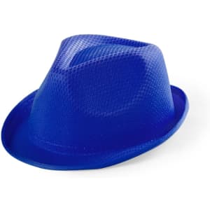 A blue kids' hat with a textured design, featuring a classic fedora shape and a discreet logo.