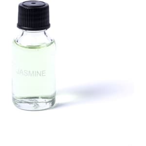 A small glass bottle of jasmine essential oil with a black cap. The liquid is pale green.