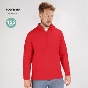 A red polar fleece jacket with a quarter zip and long sleeves, made from polyester. Features a branding logo.