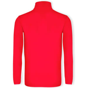 A red polar fleece jacket with a high collar, featuring a logo on the back.