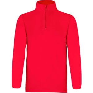 A red polar fleece jacket featuring a high collar and a zipped neckline. It has a logo on one side.