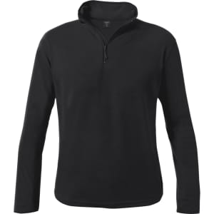 A black polar fleece jacket with a quarter zip and long sleeves, featuring a subtle logo on the chest.