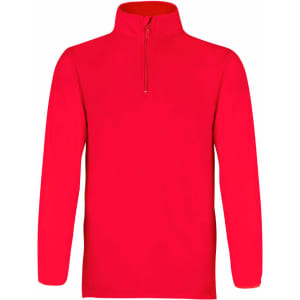 A red polar fleece jacket featuring a high collar and a quarter zip design. It has a branding logo.