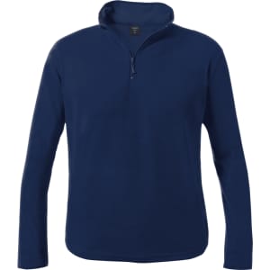 A navy blue polar fleece jacket featuring a half-zip collar and long sleeves, with a small logo on the chest.