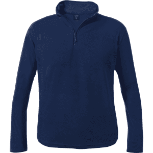 A navy blue polar fleece jacket with a zip collar and long sleeves. Features a logo on the chest.