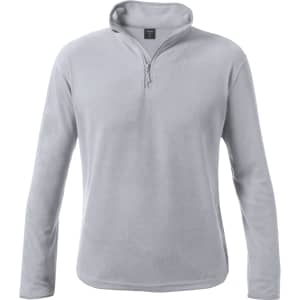 A light grey polar fleece jacket with a quarter-zip collar and long sleeves. Features a logo on the chest.