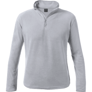 A light grey polar fleece jacket with a half-zip collar and long sleeves. Features a small logo on the chest.