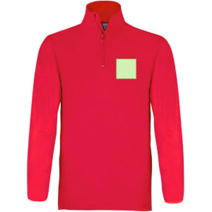 A red polar fleece jacket featuring a half-zip design and a blank patch on the front. It has a logo on the chest area.