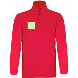 A red polar fleece jacket featuring a high collar and a front zip, with a blank square area on the chest.
