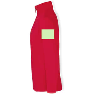 A red polar fleece jacket featuring a zip and an unmarked green patch on the sleeve.