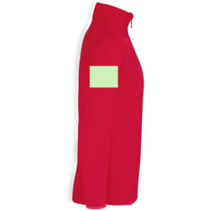A red polar fleece jacket with a high collar and a blank square patch on the sleeve.