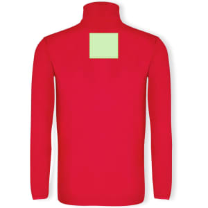 A red polar fleece jacket with a high collar and a square patch on the back. The jacket has a branded logo.