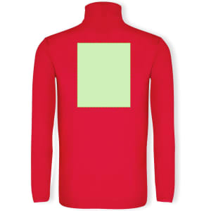 A red polar fleece jacket featuring a textured square on the back and a high collar. It has a logo on it.