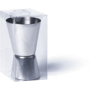 A stainless steel jigger in clear packaging, featuring a sleek, modern design.