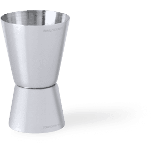 A stainless steel jigger with a sleek design, featuring a wide top and a tapered base, displaying measurement markings.