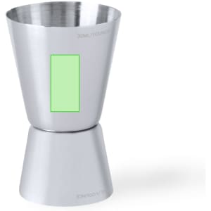 A stainless steel jigger with a tapered design featuring measurement markings in millilitres and ounces.
