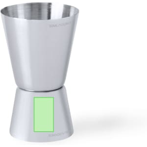A stainless steel jigger with a polished finish, featuring measurement markings. It has a solid base and a tapered top.