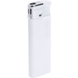 A white lighter with a chrome top and a logo on the side.