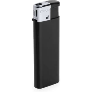 A black lighter with a shiny chrome top and a logo. It has a sleek design and a rectangular shape.