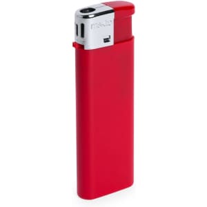 A red lighter with a chrome top and a logo present on the body.