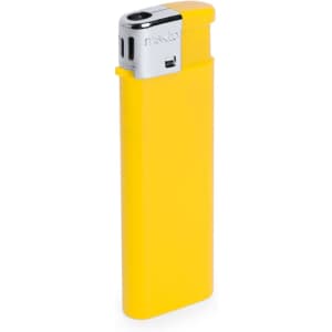 A yellow lighter with a chrome top, featuring a branding logo on its side.