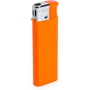 An orange lighter with a chrome top and an attached branding logo.