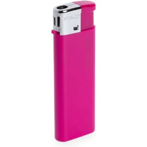 A pink lighter with a shiny silver top, featuring a logo on the side.