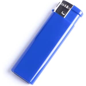 A blue lighter with a silver top and branding logo.
