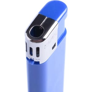 A blue lighter with a silver top and a metallic finish, featuring a logo.
