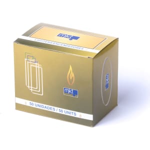 A gold box containing 50 lighters, with a logo on the front and a flame graphic.