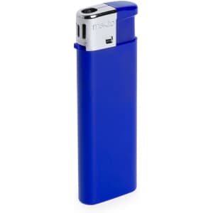 A blue lighter with a silver top and a logo on the side.