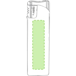 A lighter in a slim design featuring a green body and a simple outline. It has a logo or branding on it.