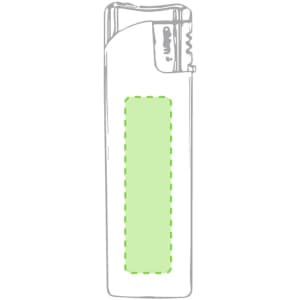 A green lighter with a clear body and a logo at the top.
