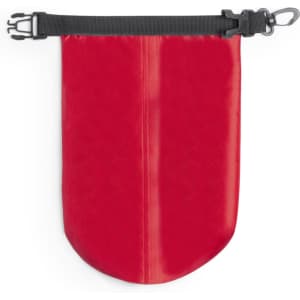 A red dry bag with a black strap and buckle, featuring a simple design. It has a logo on its surface.