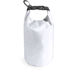 A dry bag in silver with a black strap, featuring a hook for secure fastening. Ideal for waterproof storage.