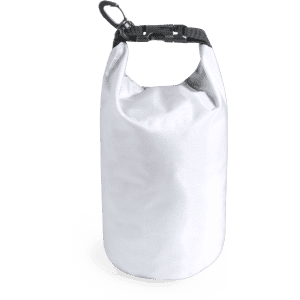 A white dry bag with a clip top closure, featuring a sturdy design and a simple, minimalistic style.