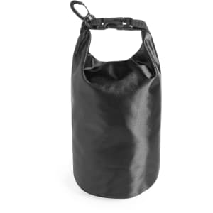 A black dry bag with a roll-top closure and a clip on the strap. It has a textured surface and a simple design.