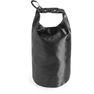A black dry bag with a secure closure and carrying handle. It features a logo on the surface.