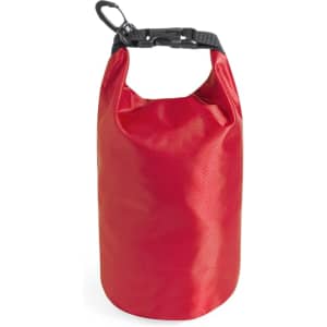 A red dry bag featuring a secure fastening clip and a textured surface. It has a logo on the front.