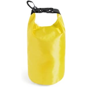 A yellow dry bag with a black strap and clip, designed for waterproof storage.
