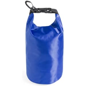 A blue dry bag with a buckle closure and a clip at the top, featuring a smooth, shiny texture.