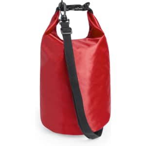 A red dry bag with a black strap and clip, featuring a durable, water-resistant exterior.