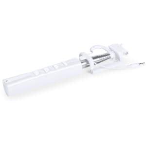 A white selfie stick with a metal extendable arm and a connected audio cable for smartphone operation.